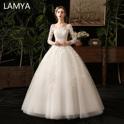LAMYA 2019 Long Lace Applique Sleeve Wedding Dresses Princess Elegant Tulle Boho Bridal Gown vestido de noiva Customized Dress