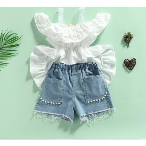 Summer Girls Solid Color 2pcs Set Sleeveless Irregular Hem Tops with Ruffles+Short Jeans with Faux Pearls Outfit