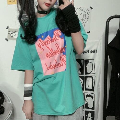 Summer loose cartoon print short-sleeved T-shirt all-match casual cute college style top T-shirt women