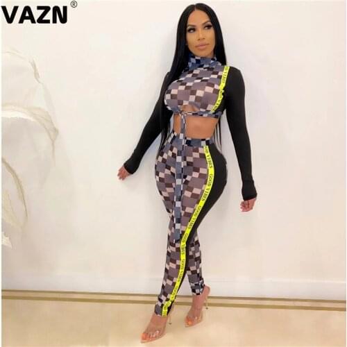 VAZN 2020 Summer sexy lady black plaid 2-piece long set full sleeve turtleneck knotted tops long pants set lady sexy club sets