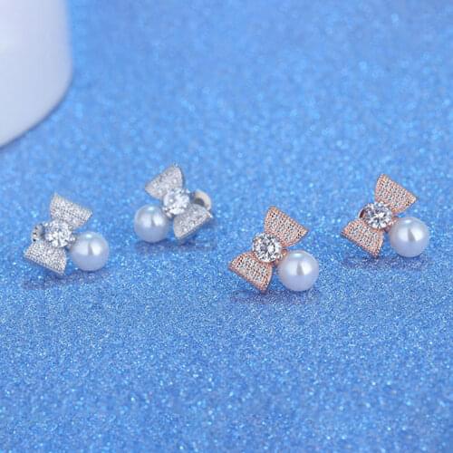 Hot Sale 925 Sterling Silver Bow Zircon Earrings Pearl Charms Fashion Stud Earrings For Women Girls Jewelry