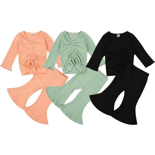 2020 Fall Spring Toddler Baby Girl Clothing Set Infant Long Sleeve V-neck Solid Color Drawstring Top +Flared Long Pants Set 0-3T