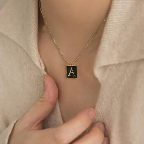 SRCOI Retro Alphabet Letter Charm Pendant Necklace With Black Enamel Womens Square Geometric Beaded Balls Chain Chokers Necklac