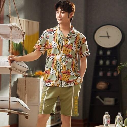 PURE Cotton Cozy Turn-down Collar Button-Down Short Sleeve Pants Pajama Summer Boy Man Jammies Sleepwear Nightwear Pyjamas CKE
