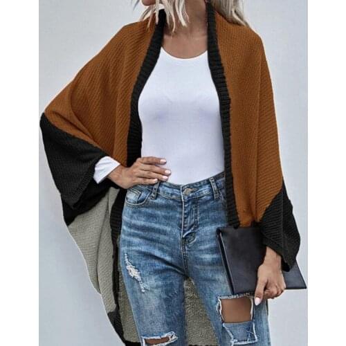 Dropshipping!! Long Sleeve Cardigan Batwing Sleeve Color Block Shawl Cardigan Coat Streetwear for Going Out