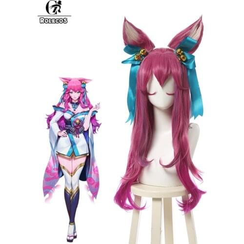 ROLECOS LOL Spirit Blossom Ahri Cosplay Wig LOL Cosplay Game Ahri Wig Gradient Rose Red Loose Wave 70CM Women Halloween Headwear