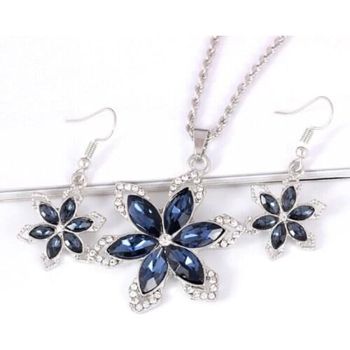 Romantic Bride Sets Blue Crystal Colorful Flower Necklace Big Earring Jewelry Set For Women Wedding Bijoux