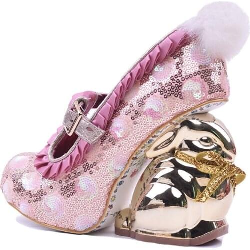 Sapato Feminino Pink Glitter Embellished High Heel Pumps Gold Rabbit Strange Heels Women Shoes Ankle Strap Sequin Dress Shoes