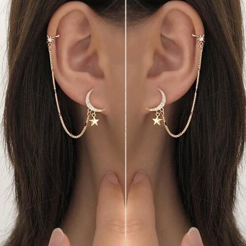 Starose 1pc Rhinestone Moon Star Stud Earring Sun Fake Ear Piercing Helix Piercing Earcuff Long Tassel Earrings Party Jewelry