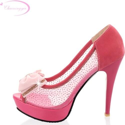 Chainingyee nightclub sexy peep toe pumps breathable bowknot platform high heel stiletto womens shoes big size 21.5~26.5cm