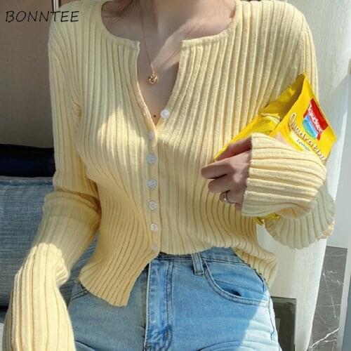 Cardigan Women V-neck Crop Solid Full Sleeve Knitting Slim Leisure All-match Candy Color Daily Basic Korean Style Ins Females