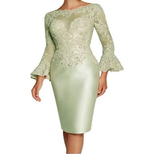 YNQNFS 3/4 sleeve long green bride mother dress knee length beaded lace tight womens dress evening dress guest dress