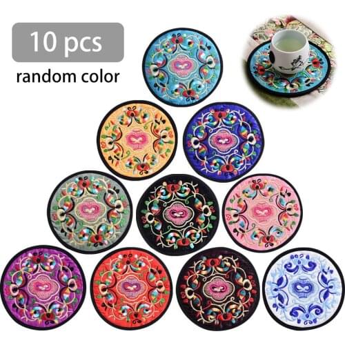 10pcs Round Embroidered Cloth Coasters Vintage Ethnic Floral Design Teacup Mat Dining Table Placemat Cup Mats Pads Kitchen Decor