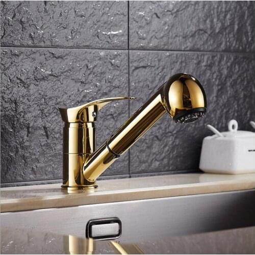 Free Ship Gold Kitchen faucet brass faucet hot and cold sink tap Water Tap with pull out shower head Kitchen Mixer