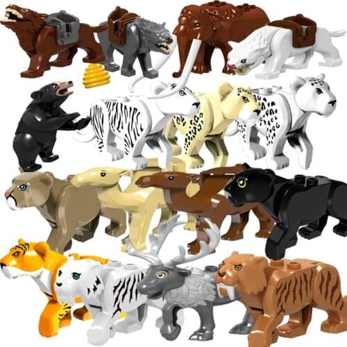 Jungle Beast Tiger Lion Bear Wolf Elephant Leopard Animals Dinosaur Model Figure Blocks Construction Building Toys For Children