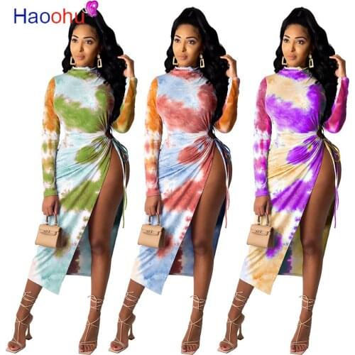 HAOOHU Women Autumn Winter Tie Dye Maxi Dress Club Party Night Sexy Long Sleeve High Side Slit Bodycon Midi Long Dresses