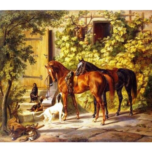 Perfect Oil painting Albrecht Adam - Horses at the Porch with dogs in landscape