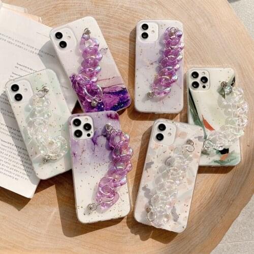 Ring Chains Bling Cover Marble Shiny Wrist Strap Shell Shockproof PC TPU Phone Case for iPhone 12 Pro 11 Pro max XR XS MAX 7 8