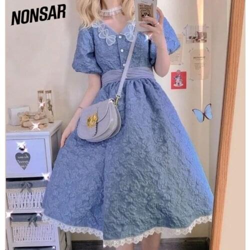 NONSAR Summer Girls Blue Lolita Dress Sweetheart Cute Lovely Fun Travel Party Princess Short Slevee Dress