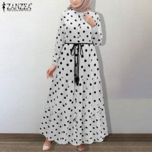 Muslim Polka Dot Maxi Dress Womens 2021 Spring Autumn ZANZEA Elegant Waiist Belt Ruffle Dubai Abaya Turkey Hijab Kaftan Vestidos
