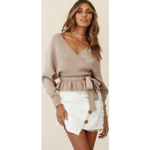 Puloru Fall Spring Solid Color Sweaters Elegant Fashion Womens Long Sleeve Ruffled Hem Jumpers Tied Front Knit Pullover Tops