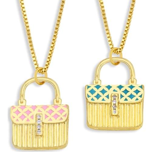 FLOLA 5 Colors Enamel Handbag Pendant Necklace Copper CZ Gold Chain Short Necklace Accessories For Women nkew68