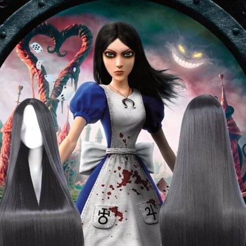 100cm New Design Alice Madness Returns Anime Cosplay Wig Hair Silky Straight Natural Black No Bangs Middle Parting Cos Wig+ Cap
