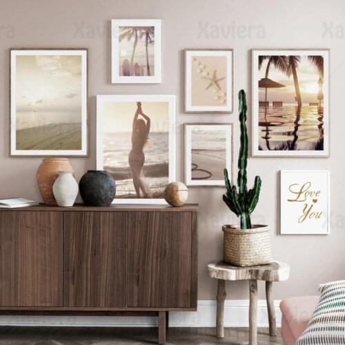 Nordic Sea Beach Posters Print Fashion Girl Coconut Tree Sunshine Pictures Wall Art Canvas Painting Home Decor Living Room Mural