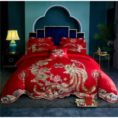 Luxury Chinese Style Red Wedding Dragon Phoenix Cotton Bedding Set High Density Satin Duvet Cover Set Bed Linen Pillowcases