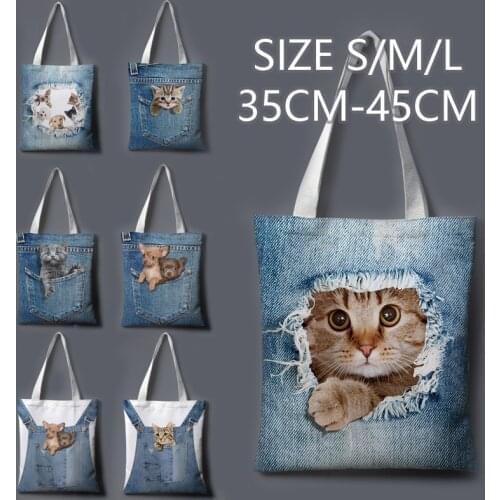 Anime cat denim print cartoon cute large-capacity canvas tote bag fabric cotton reusable shopping bag female beach handbag
