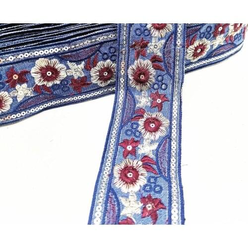 1yard miao sequins embroidery cross stitch lace trim 5cm clothes denim collar ribbon ethnic tribal boho gypsy sewing india DIY