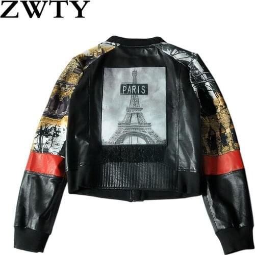 ZWTY 100% Genuine Leather Gackets Female Sheepskin Patchwork Printed Baseball Uniform Round Neck Casual Short Leather jacket coa