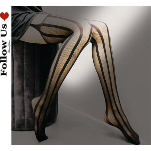 Harajuku Womens Thigh High Stockings Sexy Black Lace Striped Fishnet Stockings Gothic Dark Black Mesh Long Socks Women