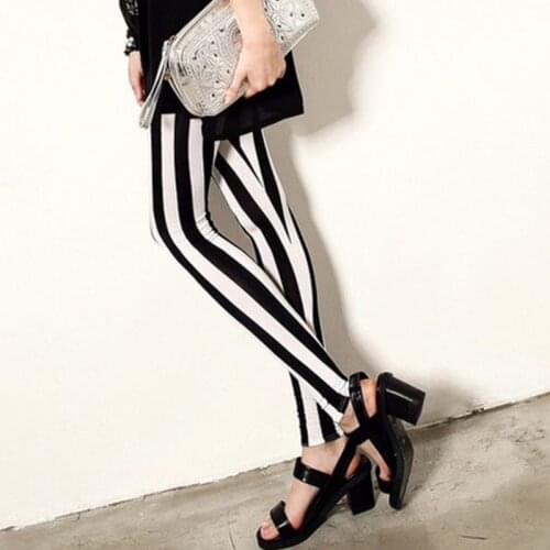 Womens Mid Rise Ankle Length Stretchy Leggings Black White Vertical Striped Print Sports Casual Capri Pants Elastic