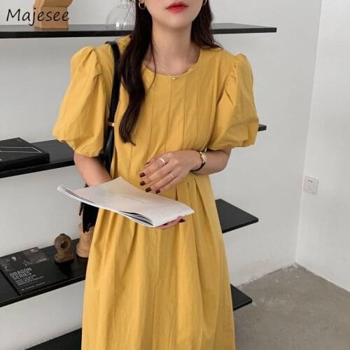 Dresses Women French Style Simple Solid Elegant Lady Short Sleeve Feminine O-neck High Waist Streetwear Korean Version Female