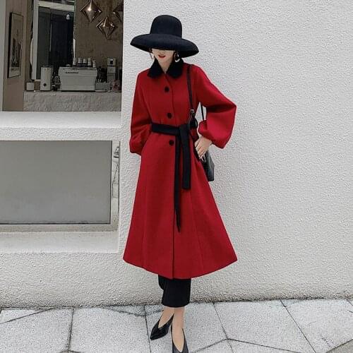 2019 Autumn Winter Woolen Womens Coat Red Long Lantern Sleeve Singer-breasted Casual Plus Size Wool Fall Jacket Elegant Ladies