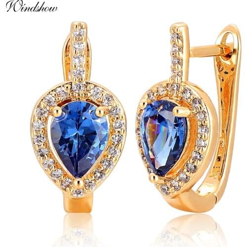 2016 New Fashion Pear Dark AAA Blue With CZ Accent Teardrop U Huggies Hoop Earrings Gold Color Jewellery for Womens