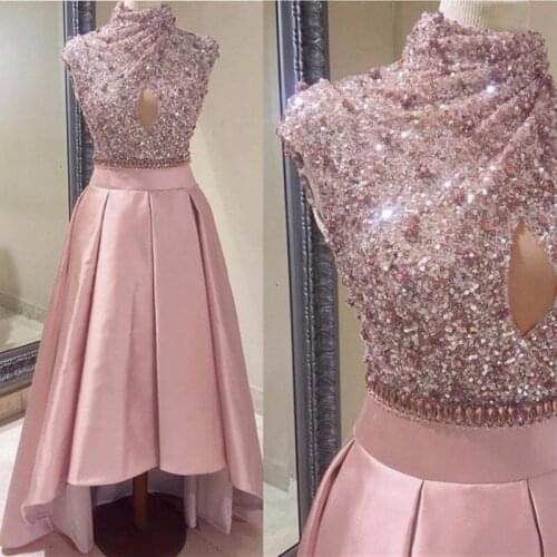 Sparkling Bling Sequins Pink Prom Dress High Low Prom Dresses Sleeveless Sweep Train Formal Party Custom Made Plus Size
