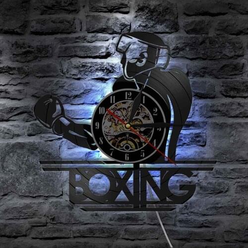 Boxing Powerful Sports Room Decor Wall Clock Fighting Sports Vinyl Record Wall Clock Modern Design LED Night Light Boxers Gift