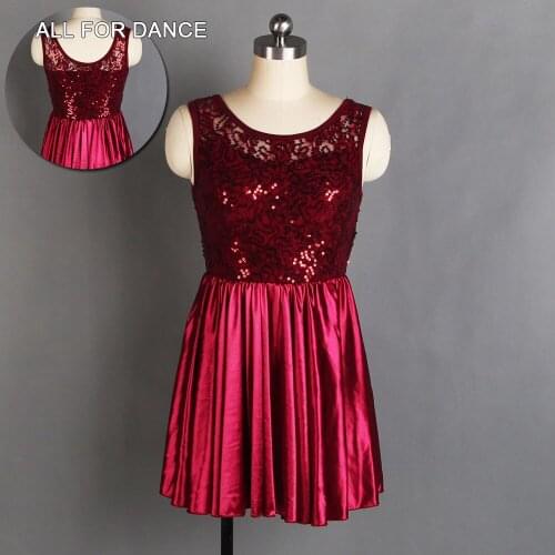 Burgundy Sequin Lace Bodice With Attached Satin Skirt Lyrical&Contemporary Dance Costume for Girls/Ladies Ballet Dress