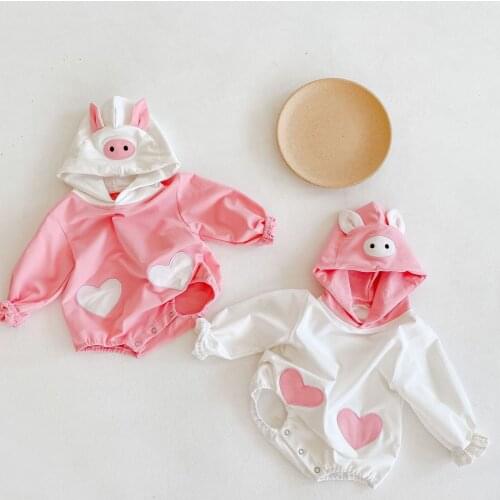 Newborn Baby Girl Clothes Cute Love 3D Cartoon Animal Pig Long Sleeve Hooded Sweater Baby Romper Winter Fall Baby Bodysuit 0-18M