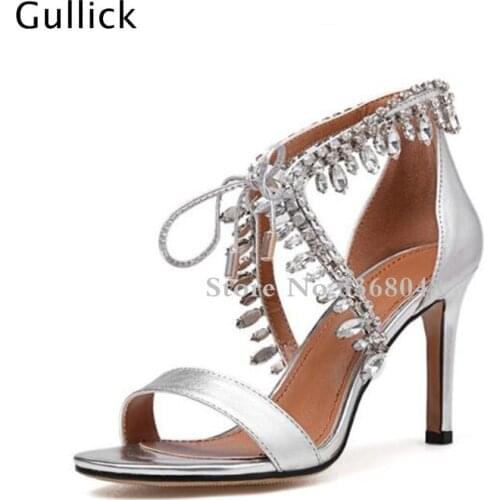 Crystal High Heels 2018 Summer New Bandage Rhinestone Sexy Leather Female Sandals Lace Up Peep Toe Woman Party Dress Shoes