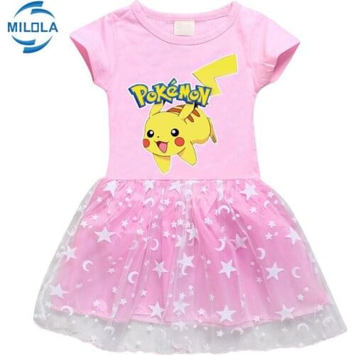 Pokemon Go Anime Girls Dresses Summer Cartoon Princess Pikachu Print Cotton Dress Short Sleeve Star Moon Children Lace Christmas
