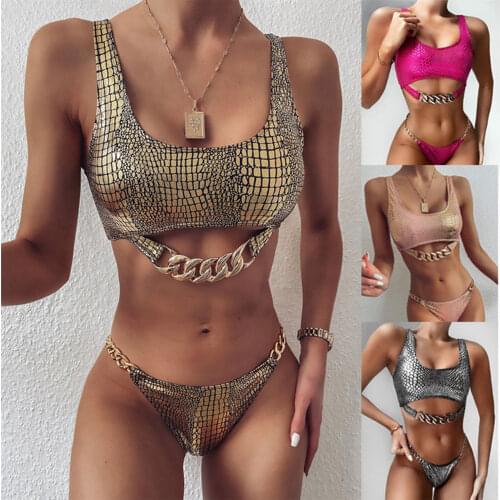 2021 New Women’s Snake Skin Pattern Bikini Sets Low Neck Metal Chain Decorations Tank Tops with Triangle Bottoms 2pcs Swimsuits