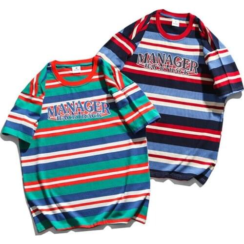 Summer New College Wind Letter Striped T-shirt Couple Dress Hit Ins Harbor Wind Short-sleeved Tee Male