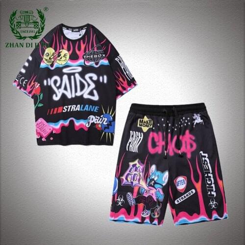 New Cartoon Pattern Printed Sets Mens Summer Fashion Hip Hop Casual Oversized T-Shirts and Shorts Streetwear Sportswear Unisex