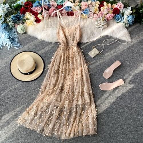 Summer Womens Dress French Style Retro Solid Color V-neck Sling Dress New Waist Lace Female Big Swing Dress HH289