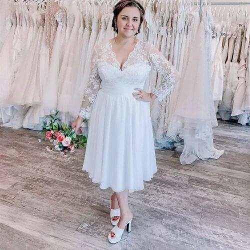 Simple Short Wedding Dress 2021 Plus Size Lace Long Sleeve A-Line Appliques Bridal Gowns White Ankle Length Chiffon Dresses