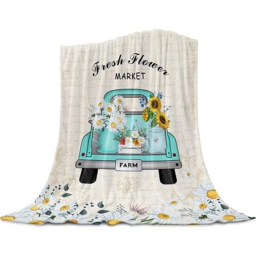Retro Truck Daisy Sunflower Letter Background Coral Fleece Blankets Flannel Bedspreads Blankets for Bed Sofa Nap Wrap Blanket