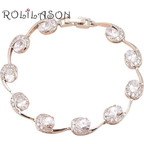 ROLILASON chic wave design crystal White Zircon Silver bracelet for Women Health Nickel Lead free fashion jewelry TB551